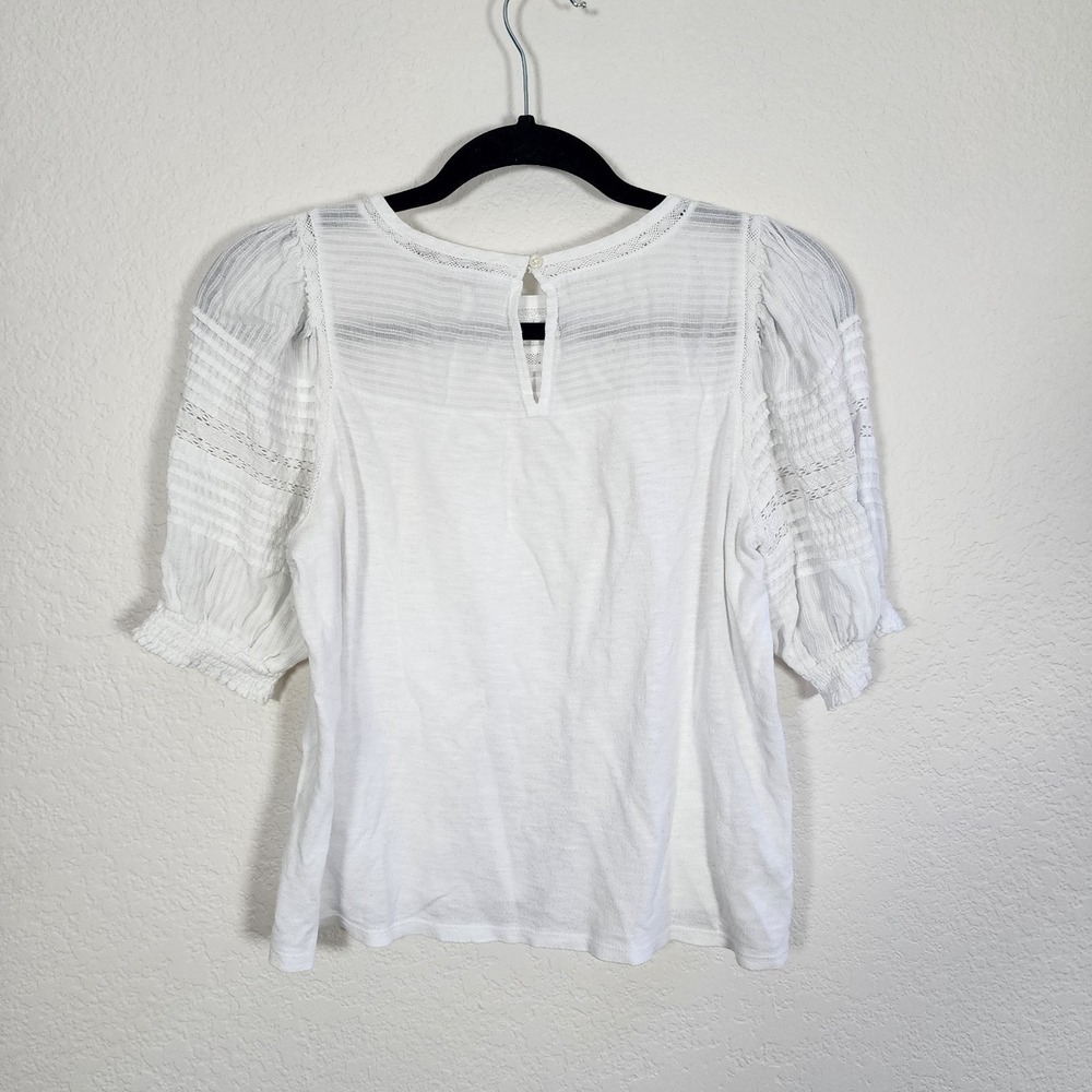 LOFT white cotton short-sleeve top crochet lace panels and puff sleeve M Petite - Picture 6 of 10
